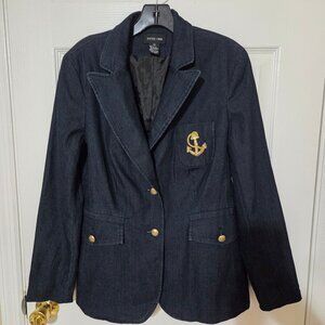 Focus 2000 Navy Demin Blazer Jacket with Gold Anchor Patch & Buttons Size 10